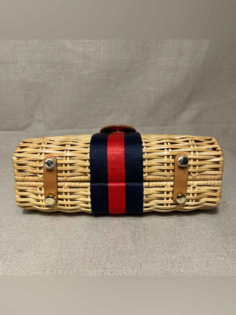 NWOT J. McLaughlin Women’s Olivia Natural Navy Red Stripe Wicker Woven Clutch - Picture 7 of 11